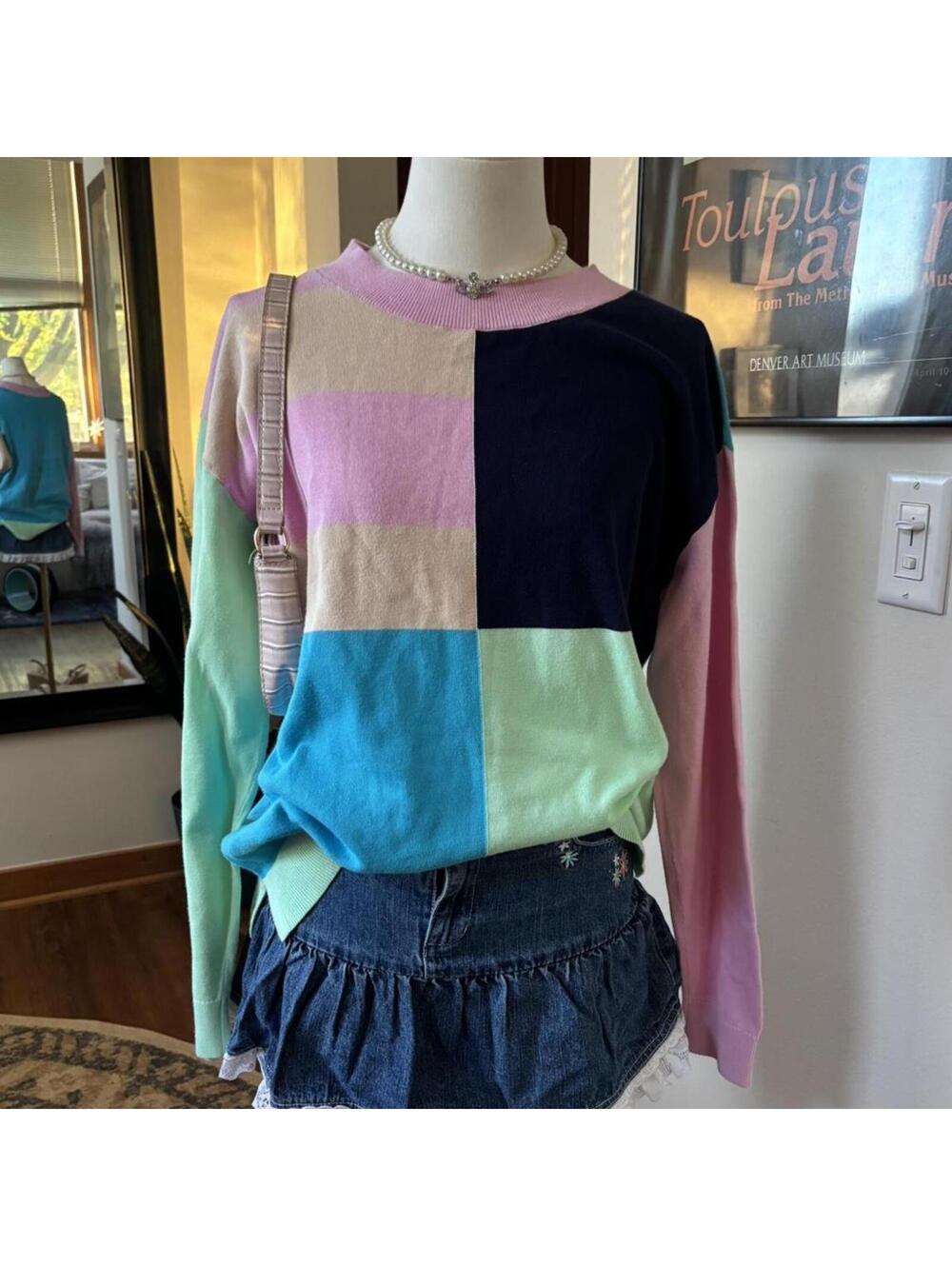 Vintage Lands End Colorblock Sweater 100% Cotton Preppy Coastal Grandmother Art